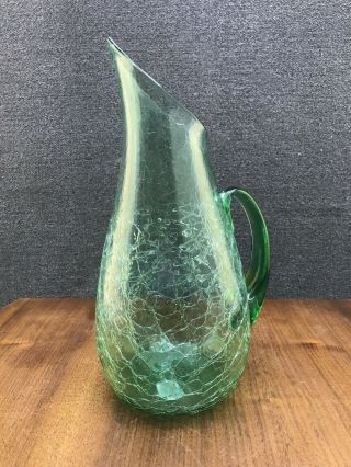 Mid Century Modern Blenko Handblown Glass Crackle Sea Green 14” Pitcher - 939