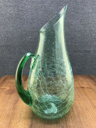 Mid Century Modern Blenko Handblown Glass Crackle Sea Green 14” Pitcher - 939 2