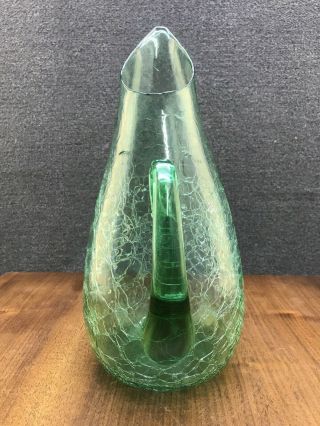 Mid Century Modern Blenko Handblown Glass Crackle Sea Green 14” Pitcher - 939 8