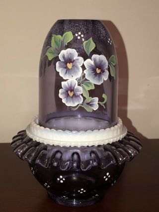 Vintage Fenton Hand Painted Fairy Lamp Purple Art Glass Pansy 3 Piece Signed