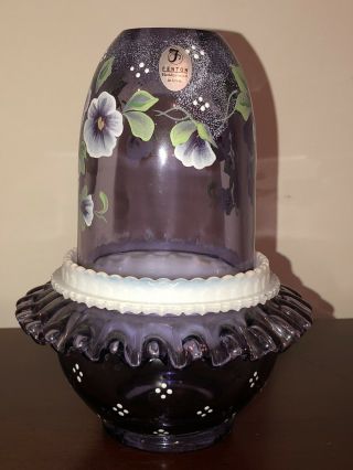 Vintage Fenton Hand Painted Fairy Lamp Purple Art Glass Pansy 3 Piece Signed 2