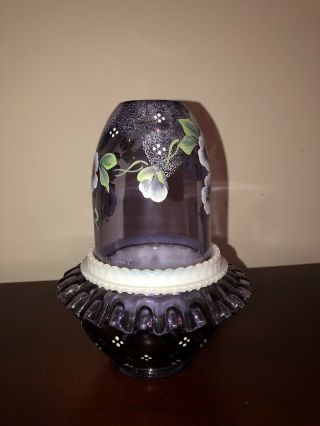 Vintage Fenton Hand Painted Fairy Lamp Purple Art Glass Pansy 3 Piece Signed 3