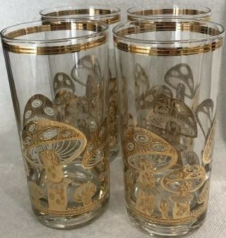 Culver Set Of 4 Vintage Magic Mushroom Gold Design Glasses Tumblers