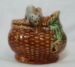 Majolica Figural Basket Coin Bank W/ Cat And Mouse,  Made In France