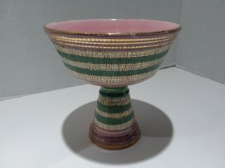 Mcm Compote By Aldo Londi For Bitossi Italy Seta Pattern Pink Green Gold Accents
