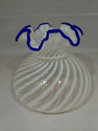 White Opalescent Swirl Glass Ruffled Blue Edge Lamp Shade Fenton