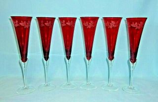 Lenox Holiday Gems 11 " Ruby Fluted Champagne Glass With Etched Holly.  Set Of 6