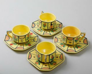 Set Of 4 Hb Henriot Quimper France Soleil Yellow Cup & Saucer Octagon 8 - Piece