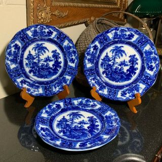 3 Adams Kyber Flow Blue 10 " Dinner Plates Chinese Pagoda England -