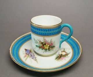 Royal Worcester Antique 1880s Porcelain Cup & Saucer Aqua Blue Hand Painted (c)