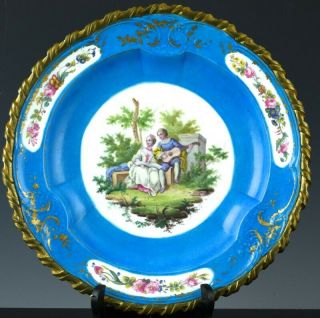 Large 18/19thc French Sevres Porcelain Celeste Blue Enamel Bronze Charger Plate