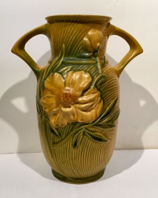 Lg.  Vintage Roseville Peony Art Pottery Dbl.  Handle Yellow/green 9 1/4”vase 64–9