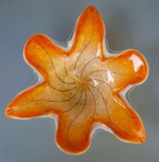 Murano Leaf Star Shaped Art Glass Bowl Orange White Gold Cased Mid Century
