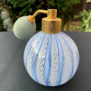 Vtg Murano Fratelli Toso Perfume Bottle Latticino Blue & White Ribbon Atomizer