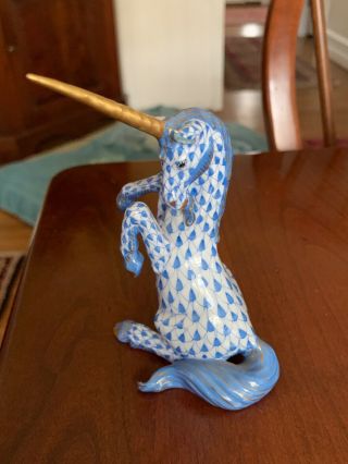 Herend Hungary Blue Fishnet Unicorn Gold Porcelain 5 " Figurine