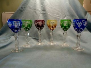 6 Vintage Cut Crystal Long Stem Cordial Glasses - Colored