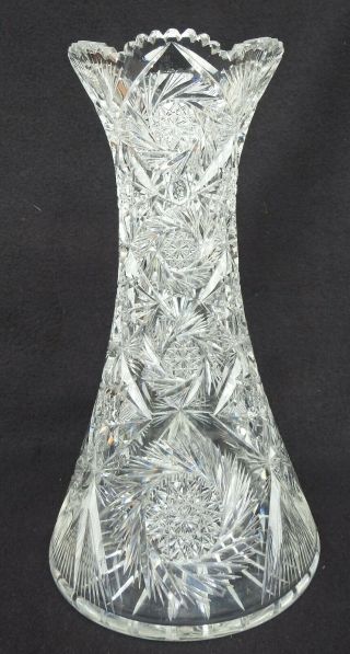 Vintage American Brilliant Cut Glass Tall Corset Vase Sawtooth Edge 12” Tall