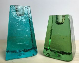 Set Of 2 Fire And Light Recycled Glass Candle Holders 3.  25 " Green And 4 " Aqua