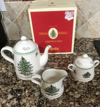 Spode Christmas Tree 3 Piece Tea Set Tea Pot,  Sugar & Creamer (msrp $325)