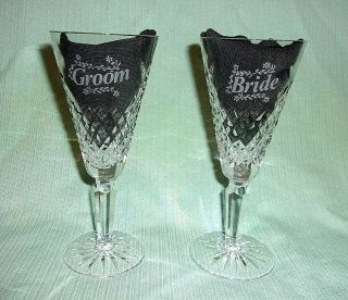 Waterford Crystal 7 " Tall Etched Bride And Groom Wedding Toast Champagne Glasses