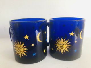 Vintage Libbey Cobalt Blue Glass Celestial Sun Moon Mugs Cups,  Set Of 2