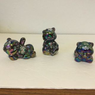 Fenton Amethyst Carnival Glass Bears,  Set Of Three Limited Edition& Hand Painted