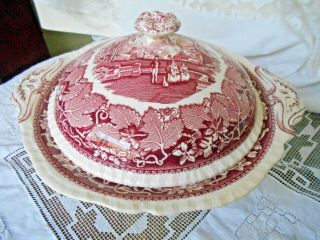 MASON ' S PINK RED VISTA ROUND FOOTED COVERED CASSEROLE DISH BOWL 2