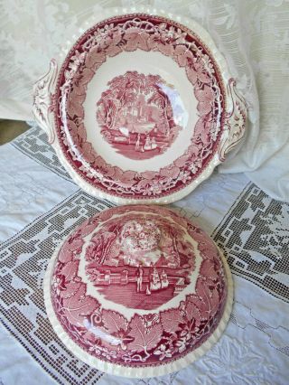 MASON ' S PINK RED VISTA ROUND FOOTED COVERED CASSEROLE DISH BOWL 7