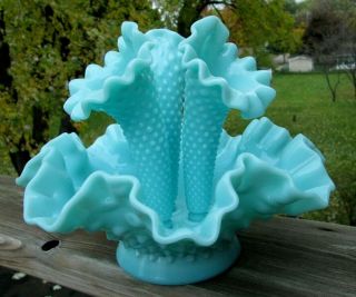 Vintage Fenton Turquoise Blue Milk Glass Hobnail Epergne Flower Vase