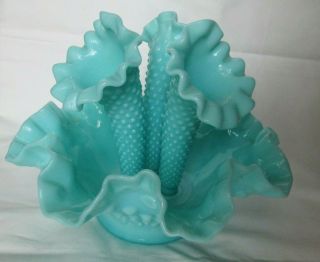 Vintage Fenton Turquoise Blue Milk Glass Hobnail Epergne Flower Vase 2