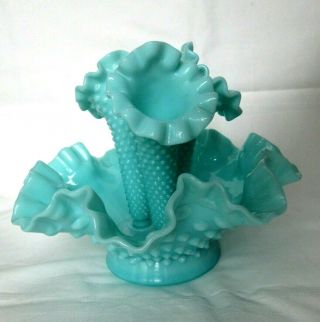 Vintage Fenton Turquoise Blue Milk Glass Hobnail Epergne Flower Vase 5