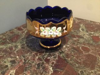 Bohemian Czech Gold Hand Painted Enamel Cobalt Blue Crystal Footed Vase
