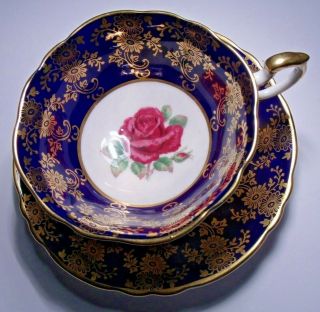 Paragon Cup And Saucer,  Rose With Cobalt And Gold Border