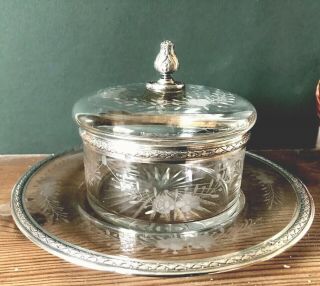 Antique French Silver & Engraved Glass Preserve Bowl & Plate Lagriffoul & Laval