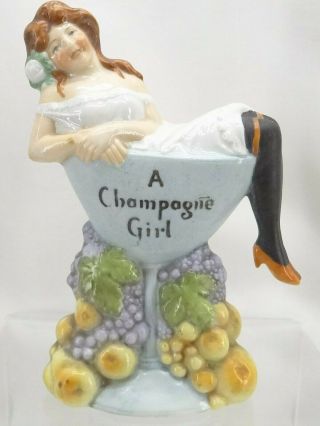 Schafer Vater German Porcelain Figural Bottle A Champagne Girl Naughty Stockings
