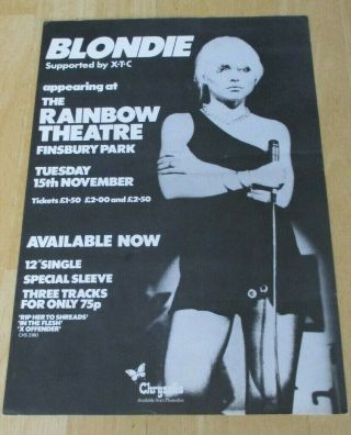 Blondie / Debbie Harry & Xtc Vintage Poster 1977,  11 3/4 " By 8 1/4 ",  Rinbow Thea