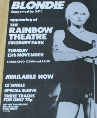 Blondie / Debbie Harry & XTC vintage poster 1977,  11 3/4 