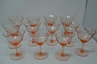 Pink Depression Glass 12 Champagne,  Water,  Wine Stemware Goblets Etched Flower