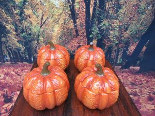Pier 1 Pumpkin Bowl Set Of 4 Lidded Embossed Hand Painted Fall Halloween Decor
