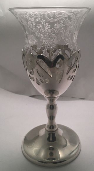 Rare Cambridge Chantilly Etched Glass 5 3/8 " Sterling Pierced Base Pristine