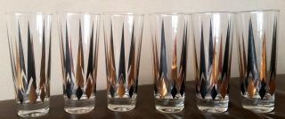 6 Mid Century Mcm Black & Gold Atomic Arrow & Diamond 6 7/8 " Glasses Tumblers