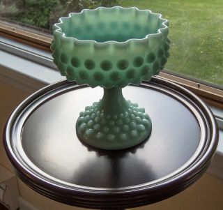 Mid Century Fenton Turquoise Milk Glass Hobnail Pedestal Candy Dish