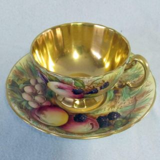 Vtg Aynsley Fruit Orchard Cup & Saucer Signed N.  Brunt Gold & Yellow