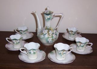 Chocolate Tea Service Set - R.  S.  Prussia Pot,  6 Cups & Saucers - White Flower