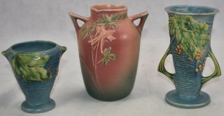 Vintage Roseville Pottery Bushberry Blue Vases 28 - 4,  30 - 6 Columbine Pink 14 - 6