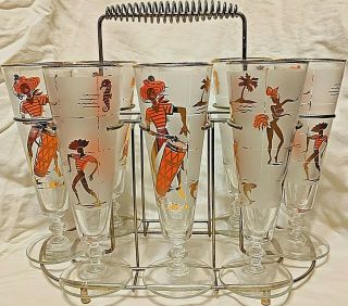 7 Caribbean Cruise Calypso Pilsner Glasses & Caddy By Libbey,  Mid - Century Modern