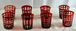 Set Of 8 Vintage Ruby Red Whiskey Tumbler Glass,  Cut To Clear