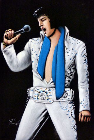 Hand Painted 18 " X12 " Velvet Elvis Presley White Jump Suit W/blue Scarf Painting