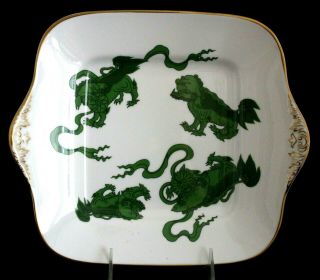Wedgwood Chinese Tigers - Green Square Cake Plate/handled Gold Trim Madein England