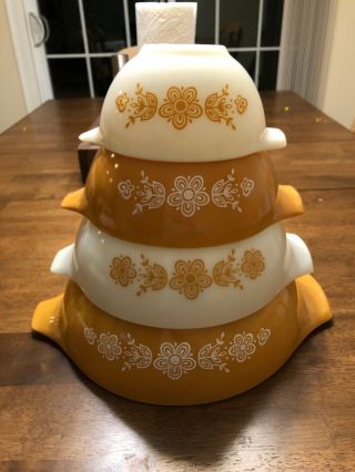 Vintage Pyrex Butterfly Gold Cinderella Nesting Mixing Bowls 441 - 442 - 443 - 444